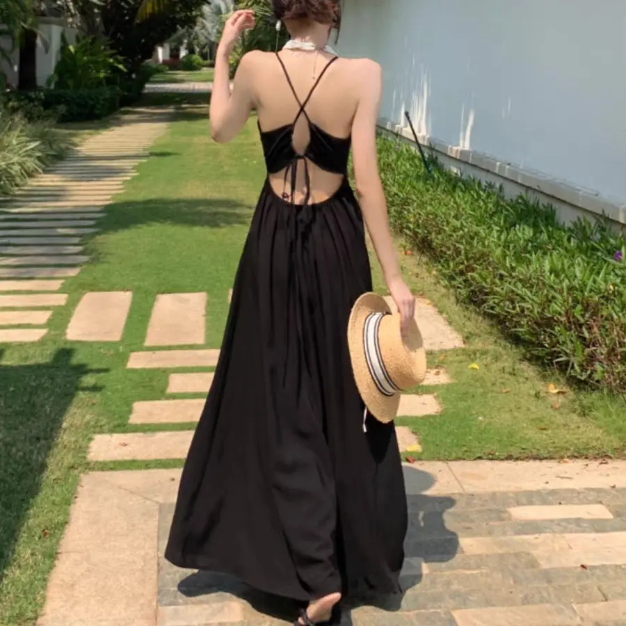 Váy Đi Biển, Hainan Sanya, Dành Cho Nữ, Màu Đen, Áo Yếm, Váy Hở Lưng, Cao Cấp, Mỏng Và Gợi Cảm, Thích Hợp Cho Kỳ Nghỉ Bờ Biển