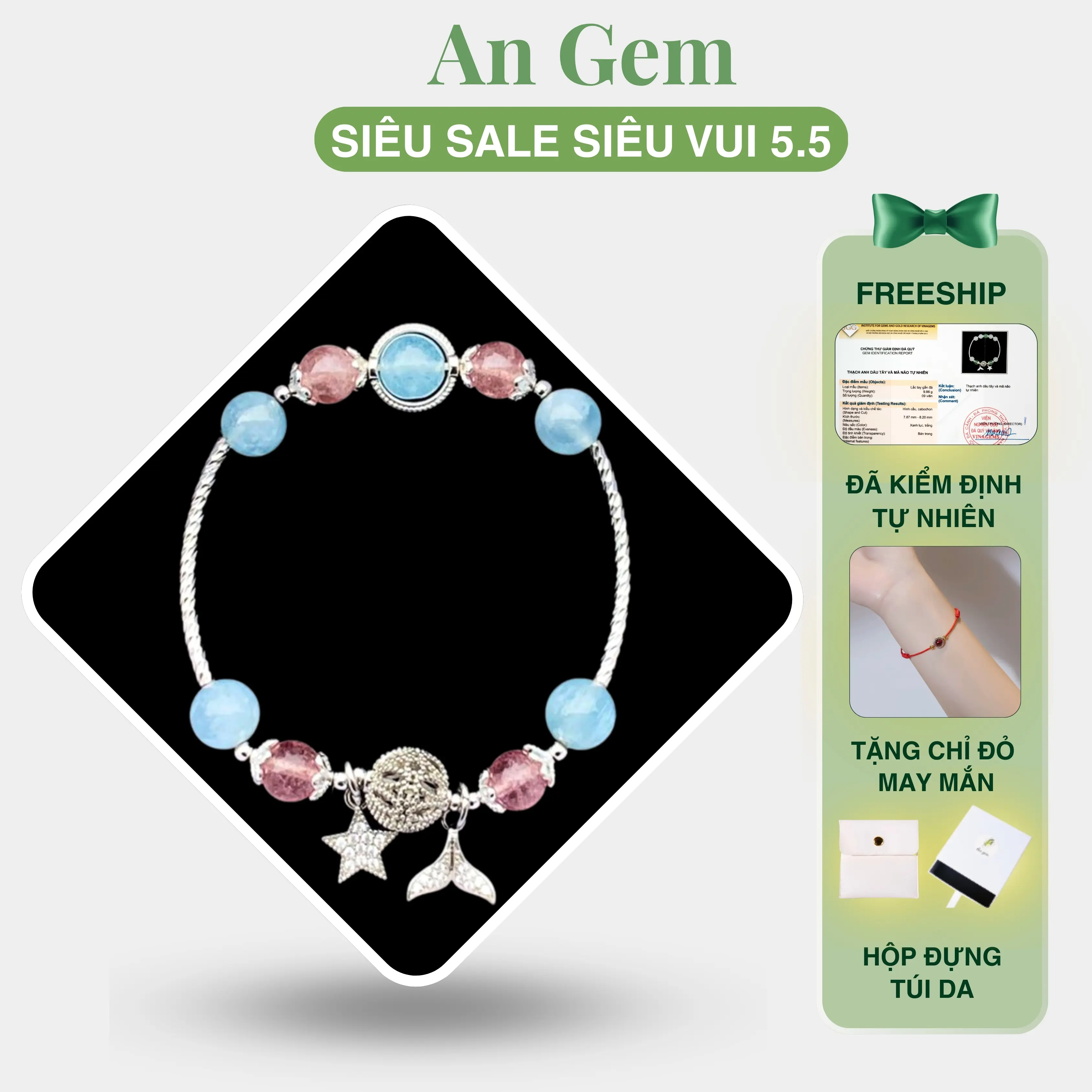 Vòng tay đá năng lượng Aquamarine mix Dâu hồng full charm, lắc tay nữ phong thuỷ đá tự nhiên phụ kiện đeo tay nữ  Bracelet quà tặng giáng sinh Noel Tết Valentine [TẶNG VÒNG CHỈ ĐỎ]
