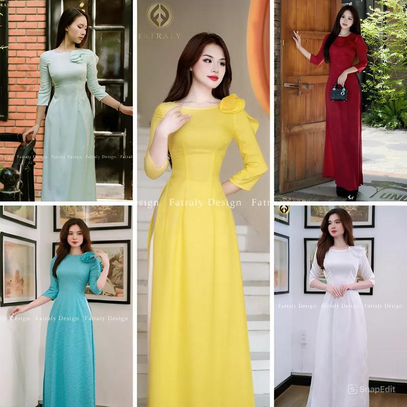 Fatraly - ADTK 55 Áo dài nữ vải Gấm Thái Tuấn kết hoa vai sang trọng chất liệu mềm nhẹ không nhăn thiết kế cổ tròn tinh tế