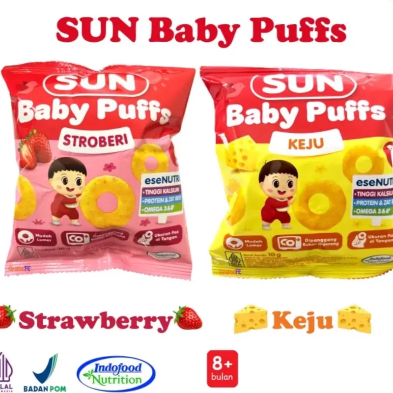 Sun Baby Puffs Sachet 10gr - Cemilan Anak Rasa Keju dan Strawberry | Snack Bayi | Cemilan Biskuit Bayi 0