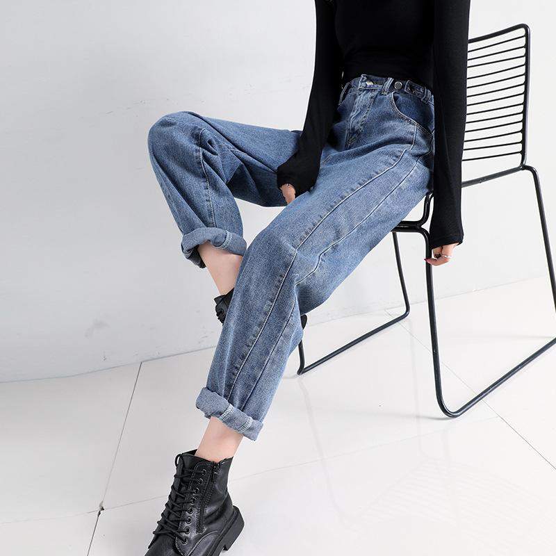 JK-Celana Spring and Autumn Women's Loose Straight Leg High Waist Versatile Slim Jeans Highwaist Adjustable Dua Kancing Samping