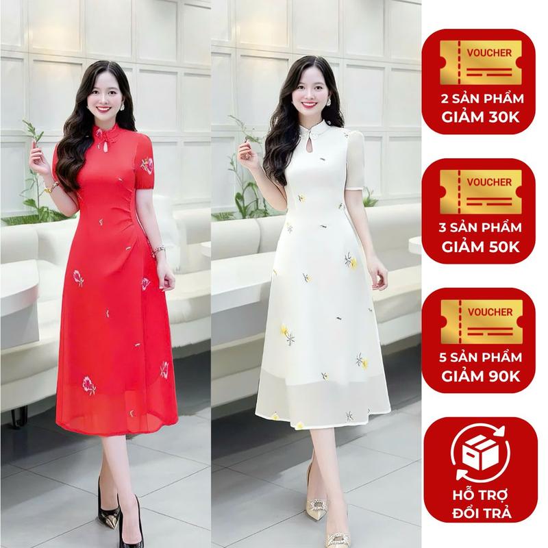 Đầm dự tiệc nữ nàng thơ thiết kế Nhật Vy cổ tàu tay ngắn dáng xoè chất voan xốp thêu hoa màu trắng đỏ hồng mặc tết chụp ảnh - D3241