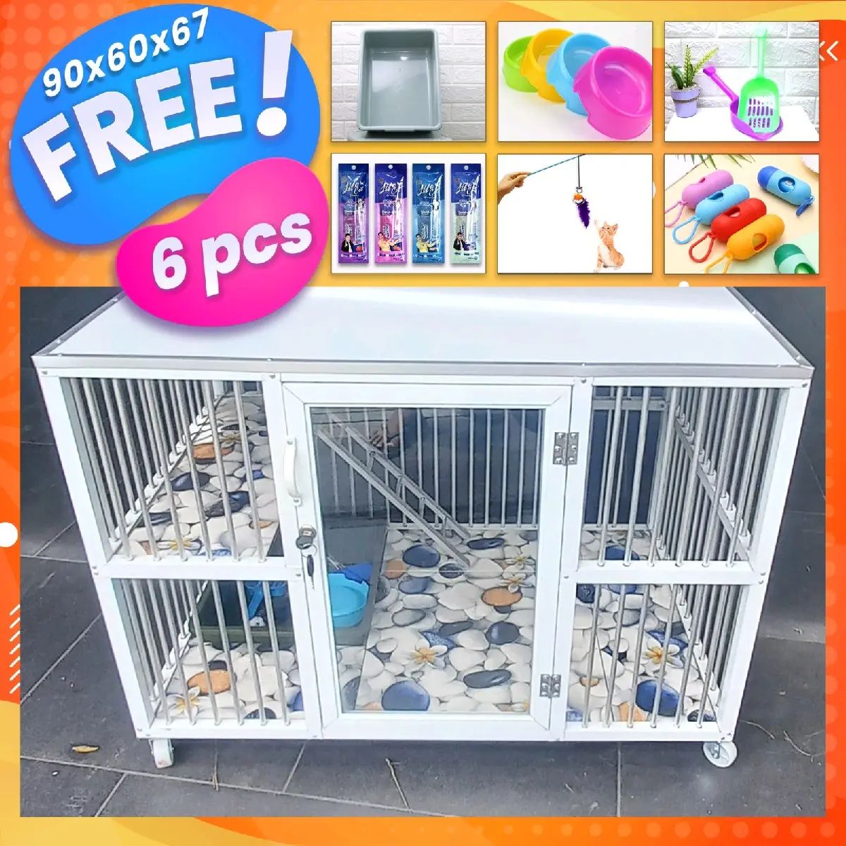 Kandang Kucing Alumunium 1 Pintu Rangka Putih dengan Roda dan 6 Aksesoris Gratis