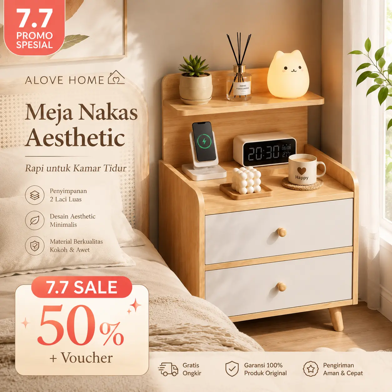 【ALOVE 8.8】Bonus berupa sekrup-Meja Nakas Kayu 2 Laci Bedside Table Meja Sudut Kamar Tidur Lemari Penyimpanan 37x30x70cm Furniture COD Packing Aman Anti Rusak