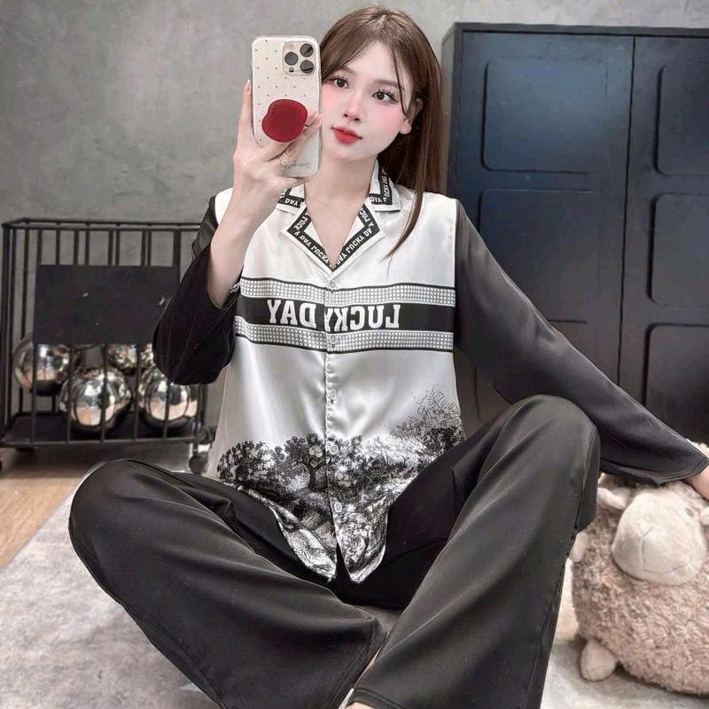 A - bộ pijama TAY DÀI QUẦN DÀI. LỤA XƯỚC và Lụa mịn latin QUẢNG CHÂU Nữ Women Quần Ngủ Áo Ngủ 40-60kg tuỳ chiều cao và số đo 3 vòng