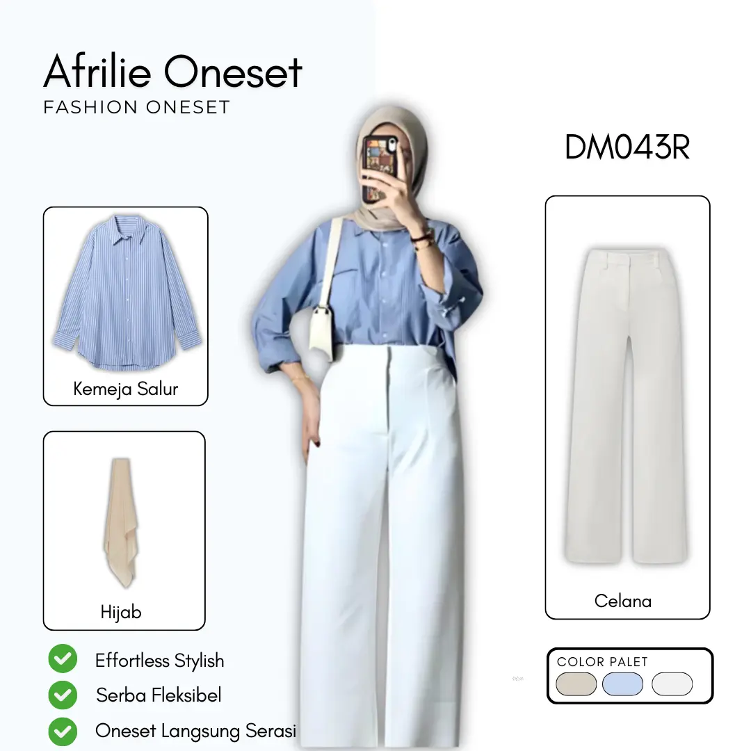 one set 3in1 Basic Casual ( Kemeja Salur Stripe + Celana Scuba + Hijab + Tas Lucu ) Outfit DM043R Baju Kantong Karet Setelan Wanita Katun Muslim Variasi Panjang Atasan