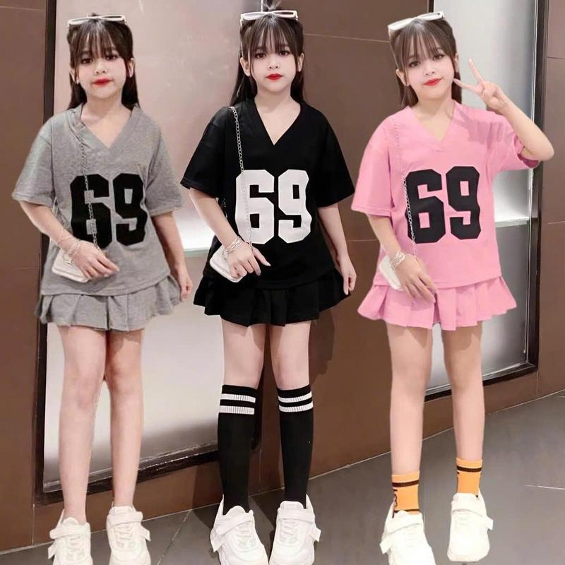 4-15 tuổi. Sét bộ chân váy xếp ly có lót váy cho bé gái in số 69 chất vải cotton mềm mịn thấm hút mồ hôi. VS02 1