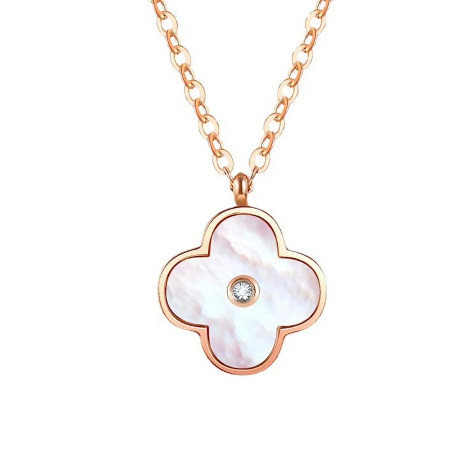 [JKS] Red and Pink Double-sided Four Leaf Clover Diamond With Titanium Steel Necklace