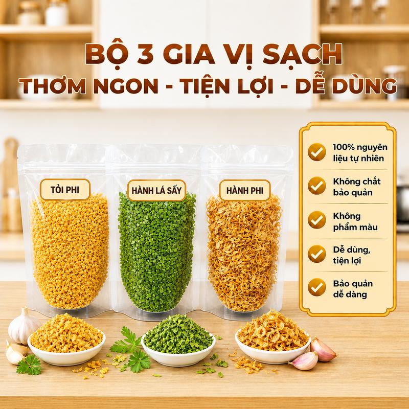 Combo 3 gia vị sạch (hành phi – tỏi phi – hành lá sấy) (hành phi – tỏi phi – hành củ sấy) giòn tan thơm ngậy, không chất bảo quản tiện lợi phù hợp với các món cơm rang,bánh cuốn,xôi,cháo,mì xào,đây là gia vị luôn sẵn trên tủ gia vị mỗi gia đình