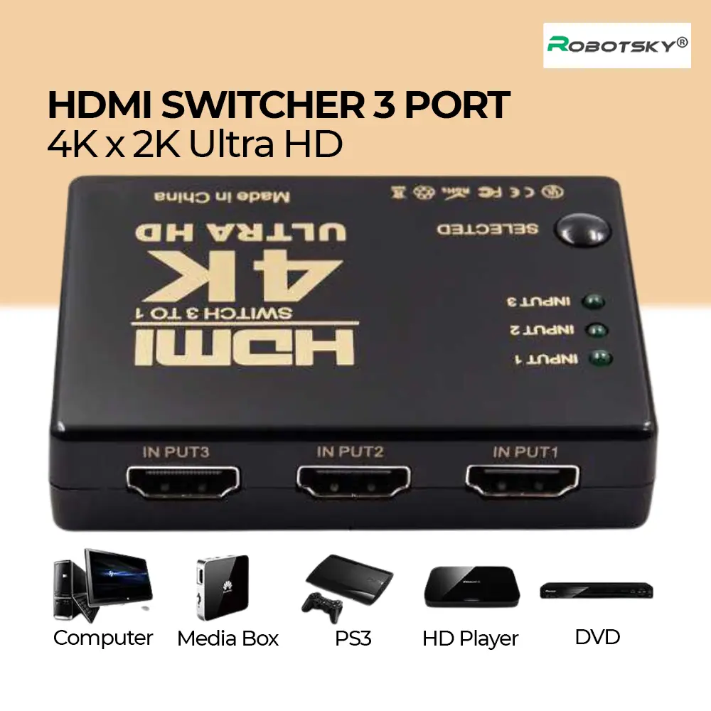 ROBOTSKY HDMI Switcher 3 Port 4K: Pengalih HDMI untuk Pengalaman Hiburan Rumah yang Sempurna