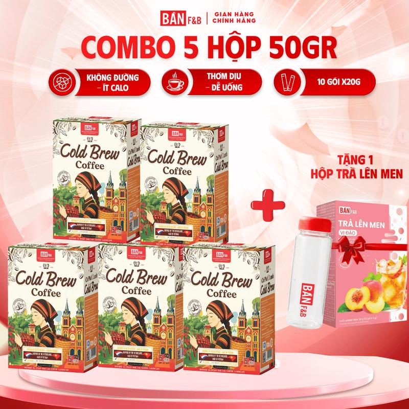 COMBO 5 HỘP Cà Phê Ủ Lạnh Cold Brew Arabica 100%, Nguyên Chất - Ít Calo, Ít Đắng, Dễ Pha Tại Nhà (50g/ Hộp 5 Gói) Bản F&B