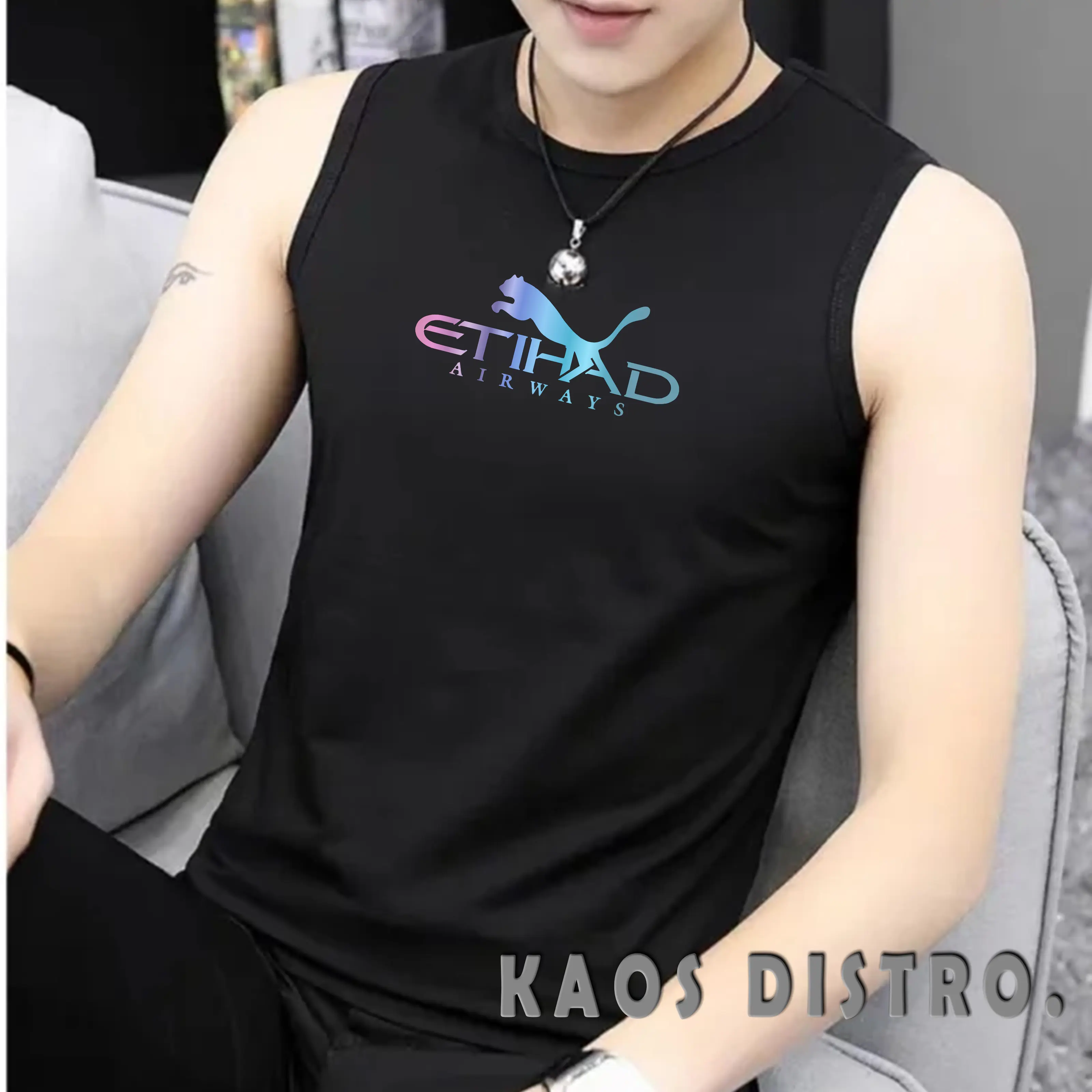 Bisa Cod / Singlet Pria Logo Motif Etihad / Baju Basket Pria / Kaos Tanpa Lengan Pria / Kaos Oblong Singlet / Baju Santai Pria Distro Katun