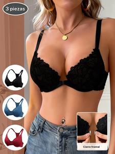 🔥Paquete de 3 sujetadores franceses con encaje frontal para mujer, fáciles de poner y quitar, con aros, efecto push-up y tirantes tipo racerback; soporte lateral anti‑caída, no pincha, tirantes ajustables y transpirables, sujetador para uso diario