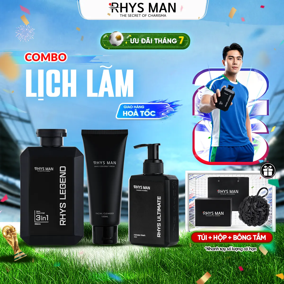 Combo Lịch Lãm RHYS MAN (Sữa tắm gội 350ml & Sữa rửa mặt hương dừa 100ml & Gel vệ sinh nam 120ml) | Tặng: 1 Set Hộp & Túi