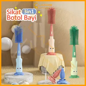 LAKOE 3in1 Pembersih botol menyikat bayi dot bayi menyikat set pembersihan jerami silikon Biru Merah Biru Merah Sikat Bottle