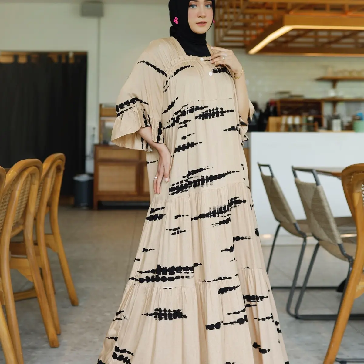 Mayesa MEDiNA Dress Katun Bunga Setrip Muslim Rayon Gamis Wanita Nyaman Brown