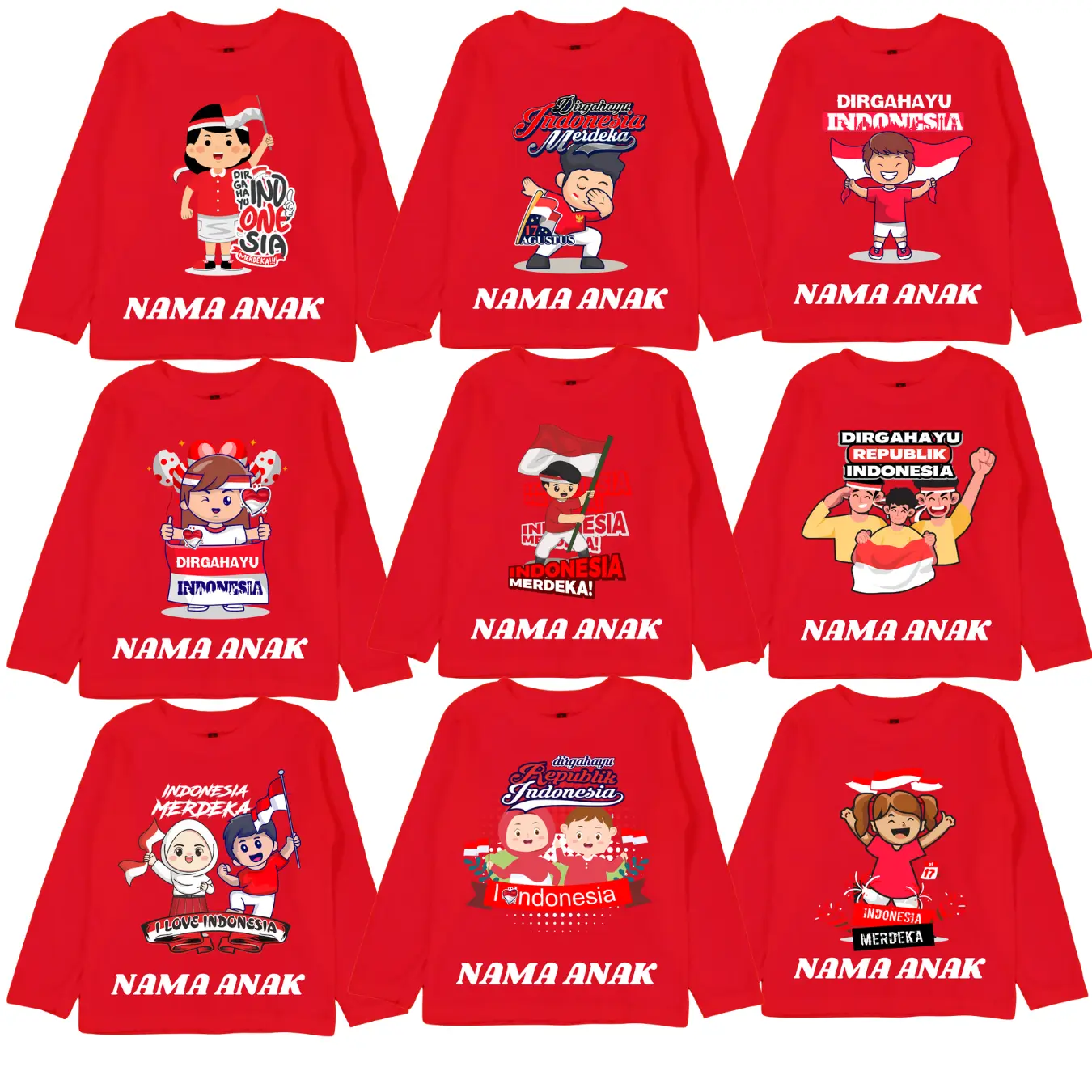 Kaos Anak Panjang Laki laki Perempuan 17 Agustusan Special Kemerdekaan Gratis Nama Anak