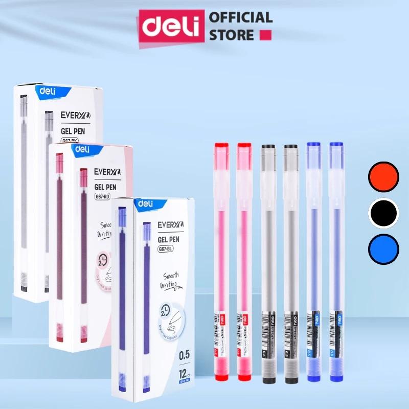 Hộp 12 Bút Mực Gel EG67 Deli Có Nắp Màu Đen/Xanh/Đỏ Ngòi 0.5mm - Bút Viết Cho Học Sinh Văn Phòng