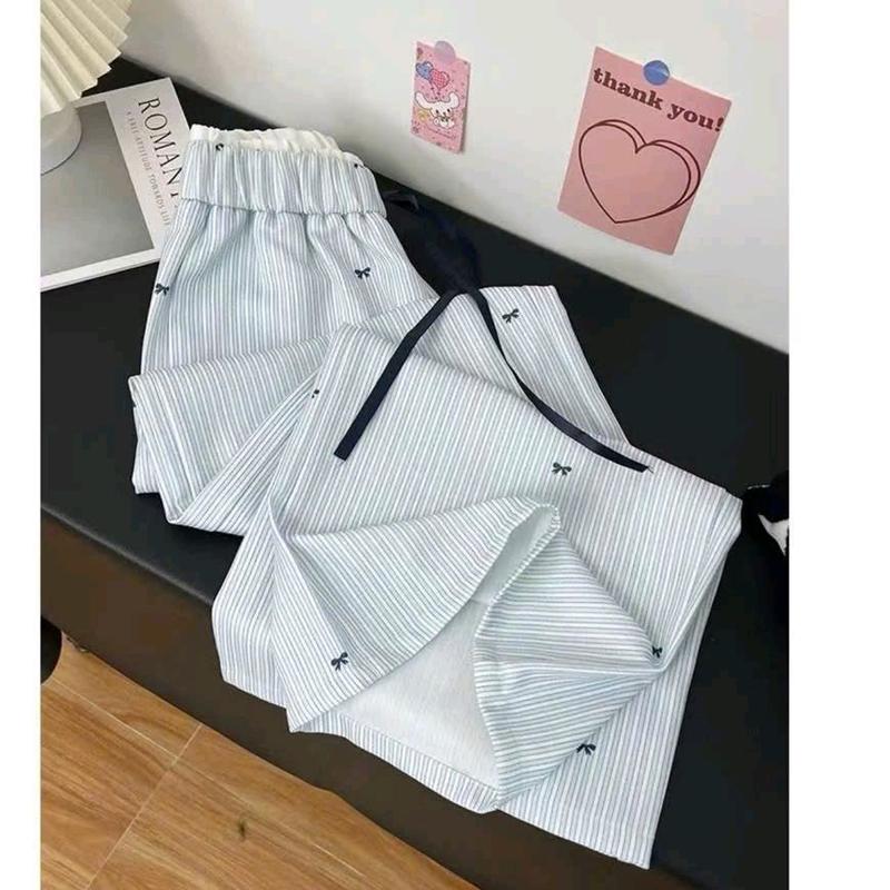 Quần ống rộng nữ kẻ sọc phối hình nhơ siêu xinh chất vải đũi lạnh mềm mịn thoáng mát mặc mùa hè - Pants