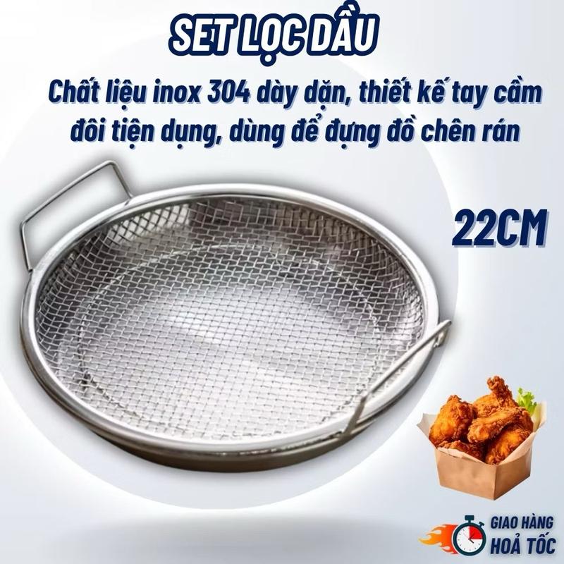 Set Khay Đĩa Và Vỉ 22-20 Inox 304 Cao Cấp Kèm Đĩa Và Vỉ Lưới Ráo Dầu, Đựng Thực Phẩm Chiên Rán Tiện