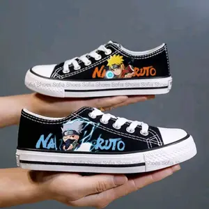 sepatu snaiker anak sekolah raning warna hitam motif naruto one peace dengan bahan tali lebar sol karet anti licin pas untuk laki laki masa kini top untuk sekolah sd tk smp Fashion