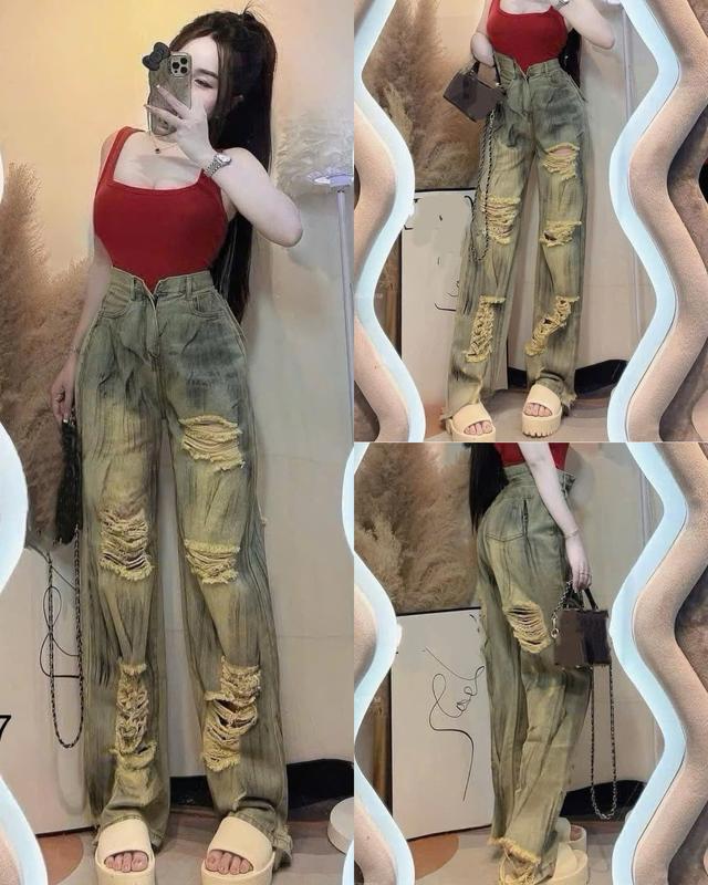   S-XXL DÀI 102CM Quần Jeans Nữ Lưng Cạp Cao Quần Bò Rách Kiểu Wash Loang Màu Thời Trang Bụi Phố Women Pants 