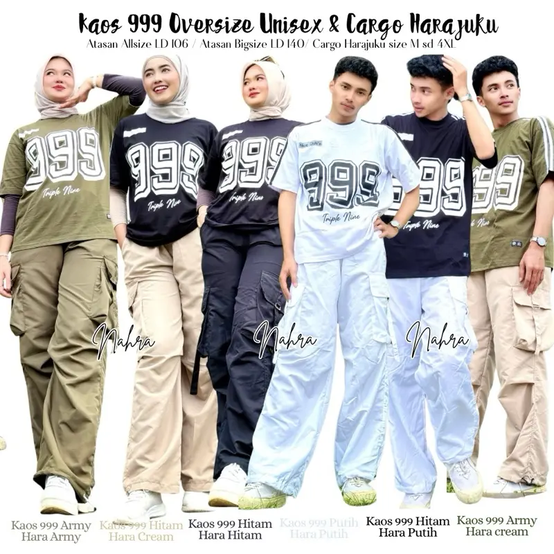 Kaos 999 Triple Nine Katun Combat 24s Dan Cargo Harajuku bahan Parasut Super (Pembelian Khusus 1Set) Unisex bisa dipakai cowo dan cewe