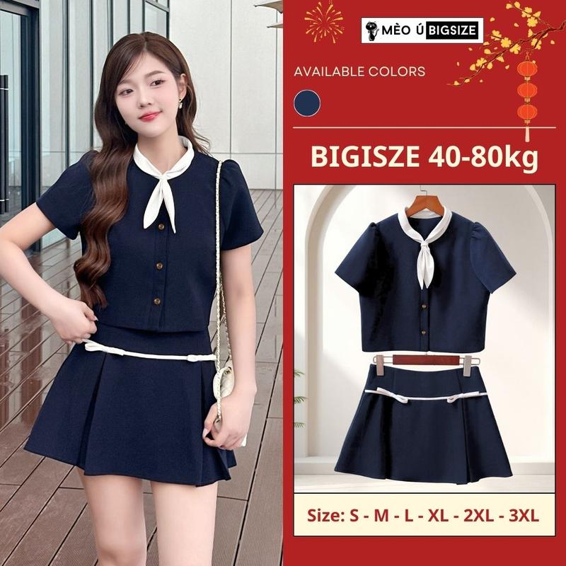  Set đồ nữ BIGSIZE Mèo Ú áo thiết kế cổ nơ thỏ dáng croptop mix chân váy chữ A đính nơ dáng xoè 1902 