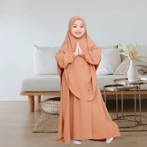 Khadijah Set gamis syarii plus hijab anak perempuan Muslim Crinkle Airflow Baju 0