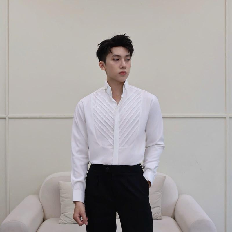 Áo Sơ Mi Tay Dài Xếp Ly Xéo Ngực, Áo Sơ Mi Nam Form Fit Dáng Chất Liệu Ford Hàn Cotton thoáng Mát Ít Nhăn