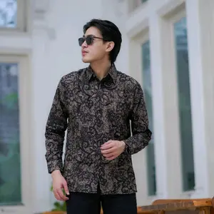 Baju Batik Pria Cowok Lengan Panjang Premium Modern Jumbo Slimfit Kasual Best Seller Furing Kondangan BUNGA AMARTA COKLAT