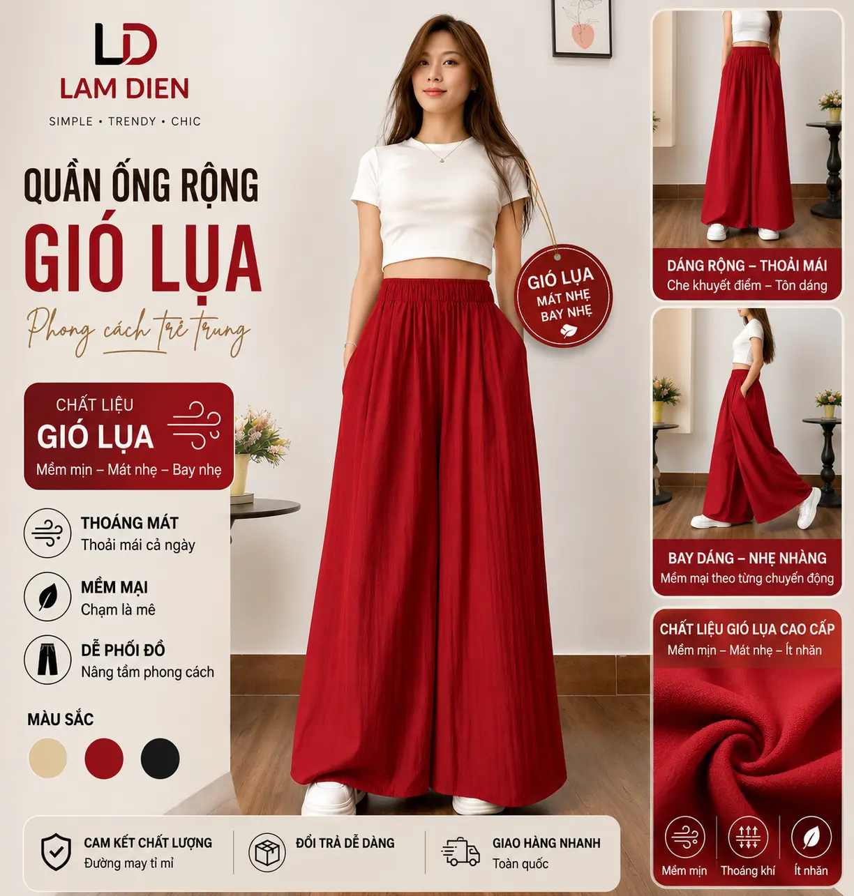 LAMDIENSTORE - Quần Ống Rộng Nữ LQ019 Chất Liệu Gió Lụa Phong Cách Trẻ Trung Năng Động Có Túi Quần Nhiều Màu Nhiều Size Cho Chọn