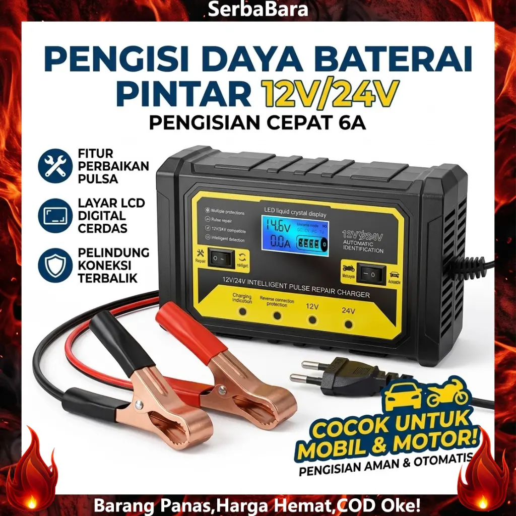 Smart Battery Charger Mobil Motor 12V 24V 6A Digital LCD Display Pulse Repair Otomatis Cas Aki Cerdas Fitur Regenerasi Multiple Protections
