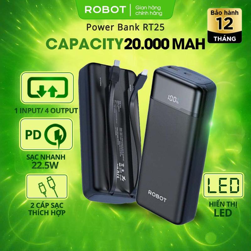 Pin Sạc Dự Phòng 20000mAh ROBOT RT25 LED Sạc Nhanh 22.5W - 4 Cổng Sạc Ra Và 1 Cổng Sạc Vào | Bảo Hành 12 Tháng