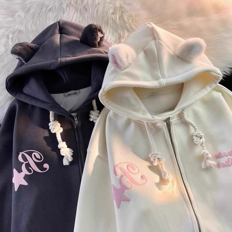 Áo Hoodie Zip Nỉ Bông From rộng Nam Nữ Tai Gấu