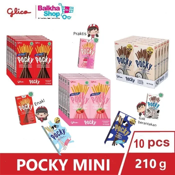 Pocky Minipack 21g x 10 Pcs biskuit Coklat  Cemilan Krim Strawberry Cookies Milk Chocolate