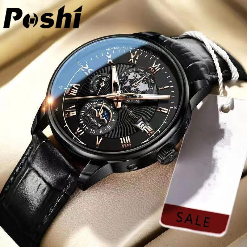 Đồng Đồng Hồ Nam Thường Ngày POSHI, Da Sang Trọng, Không Thấm Nước, Đồng Hồ Đồng Hồ Đeo Tay Thạch Anh Nam, Dạ Quang, Có Ngày Tháng, Đồng Hồ Doanh Nhân Cho Nam