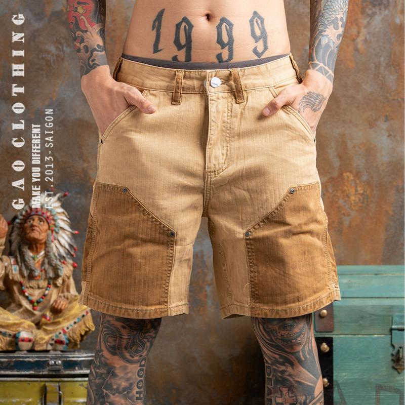 Mã số 2021, Quần short Kaki Nam, Dáng Suông, Màu Nâu, Phong Các Cổ Điển Menswear