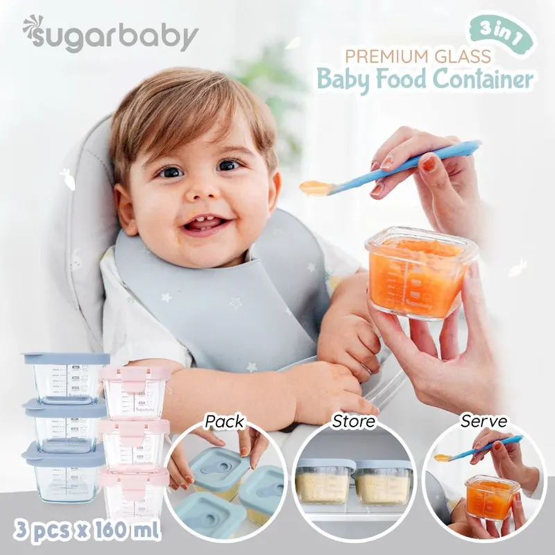SUGARBABY Premium Glass Jar Baby Food Container 3 pcs BPA FREE | SugarBaby Peralatan Makan Bayi MPASI | Sugar Baby Wadah Mangkok Bayi Silicone Lid & Plastic Lid 2