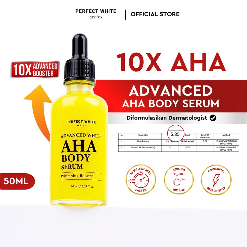 [10X AHA] PERFECT WHITE Advanced AHA Body Serum 50ml Whitening Booster with 10X AHA Niacinamide, Alpha Arbutin, Glutathione, Vitamin C | Booster Lotion Acid Perawatan Pencerah Mencerahkan Memutihkan Tubuh Kusam Belang Noda Hitam Glycolic Acid 0