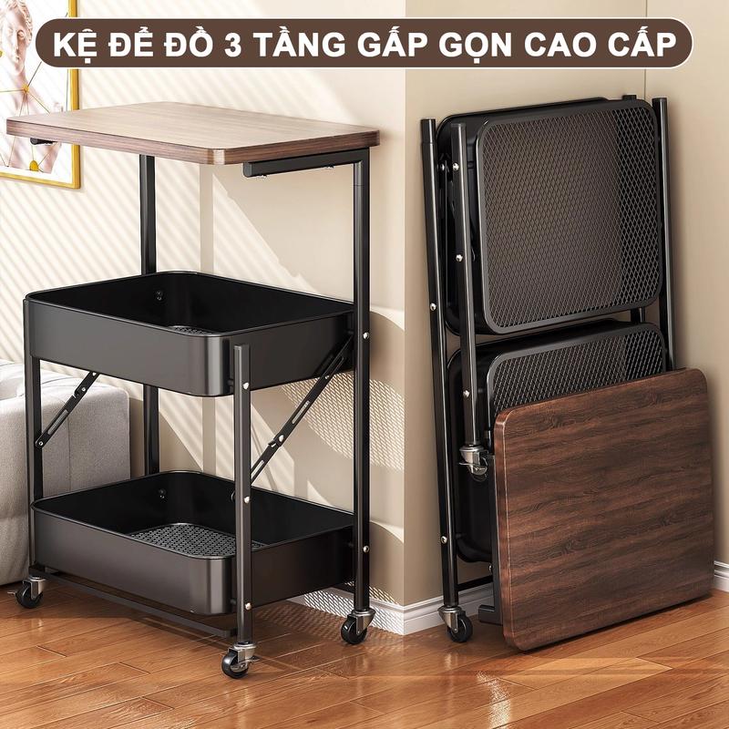 Kệ Để Đồ Đa Năng 3 Tầng Mặt Gỗ Sơn Tĩnh Điện, Bánh Xe Di Chuyển Linh Hoạt, Gấp…