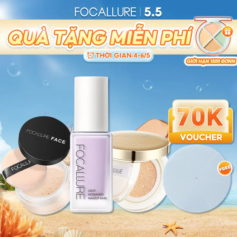 【 Voucher 70K 】FOCALLURE Combo 2 Món Kem Lót Hỗ Trợ Làm Đều Màu Da + Phấn Nước Cushion Hỗ Trợ Che Phủ Lỗ Chân Lông Phù Hợp Cho Mọi Loại Da