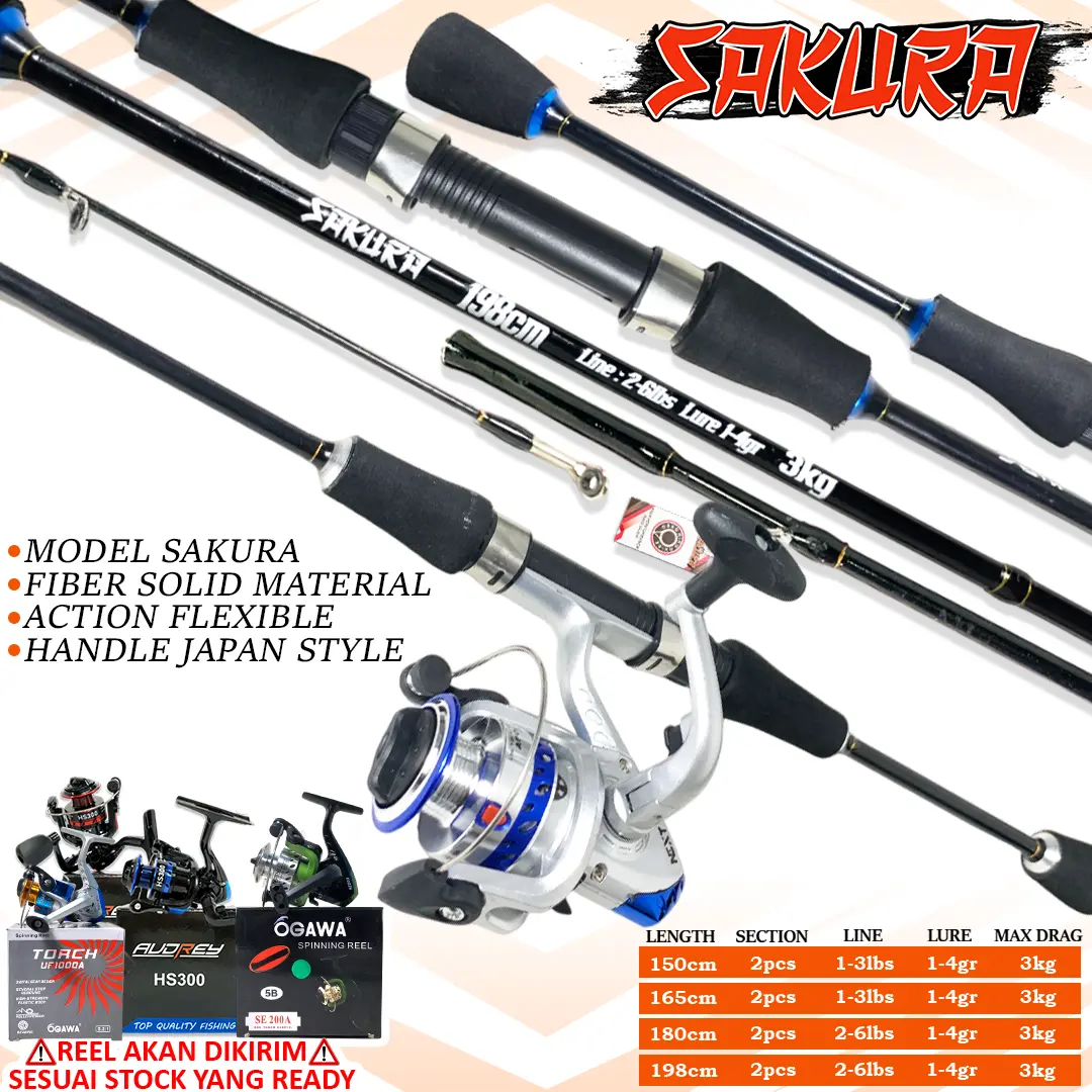 Sepaket Joran UL Sakura Fiber solid 165cm dan 180cm dan Reel Spool Besi