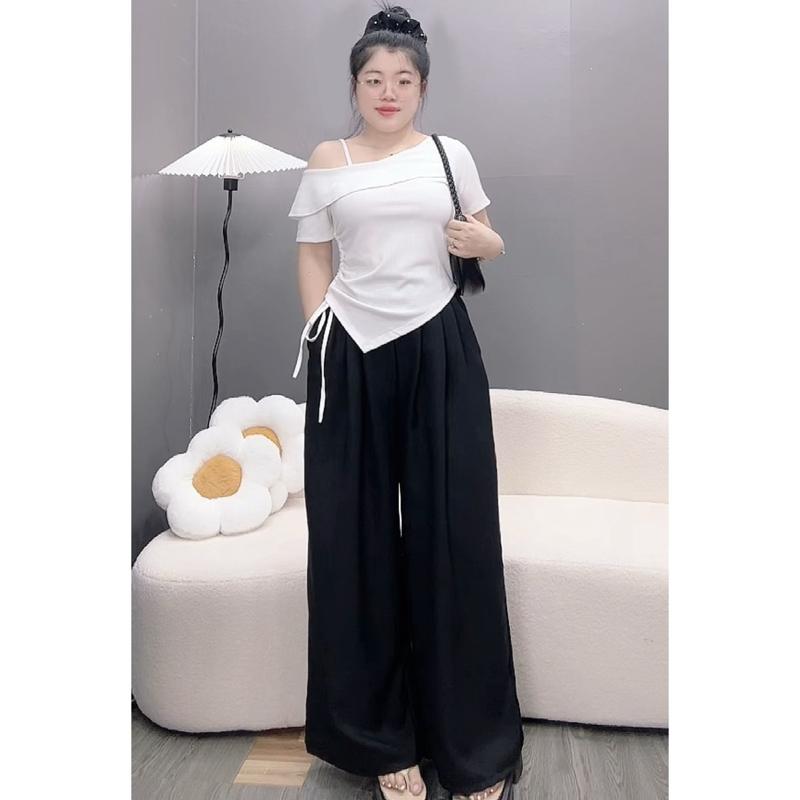 Set Bigsize (CÓ LẺ ÁO/ QUẦN) Áo Kiểu Lệch Vai, Dây Rút Eo Phối Quần Ống Suông Rộng Cho Nữ Chuppy (55-92Kg)- G213 Q564