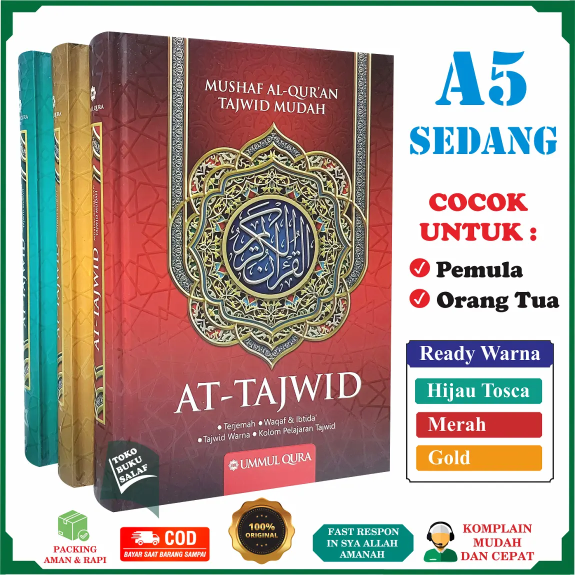 Al-Quran At-Tajwid UKURAN SEDANG A5 HC Terjemah Waqaf Ibtida' Mushaf Al Qur'an At Tajwid Cocok Untuk Pemula Orantua Orang Tua Lansia Tajwid Warna Mudah Kolom Pelajaran Tajwid Waqof Ibtida Penerbit Ummul Qura