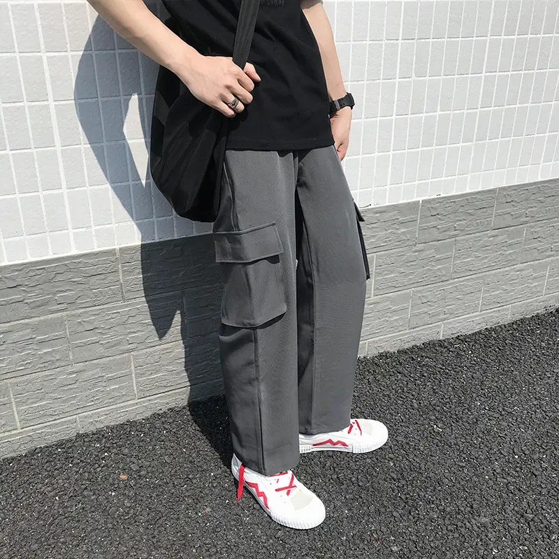 Korean style men's straight cut cargo pants fashion multi pocket oversized long pants casual cotton loose trousers Casual pants Black Plain Beige Menswear