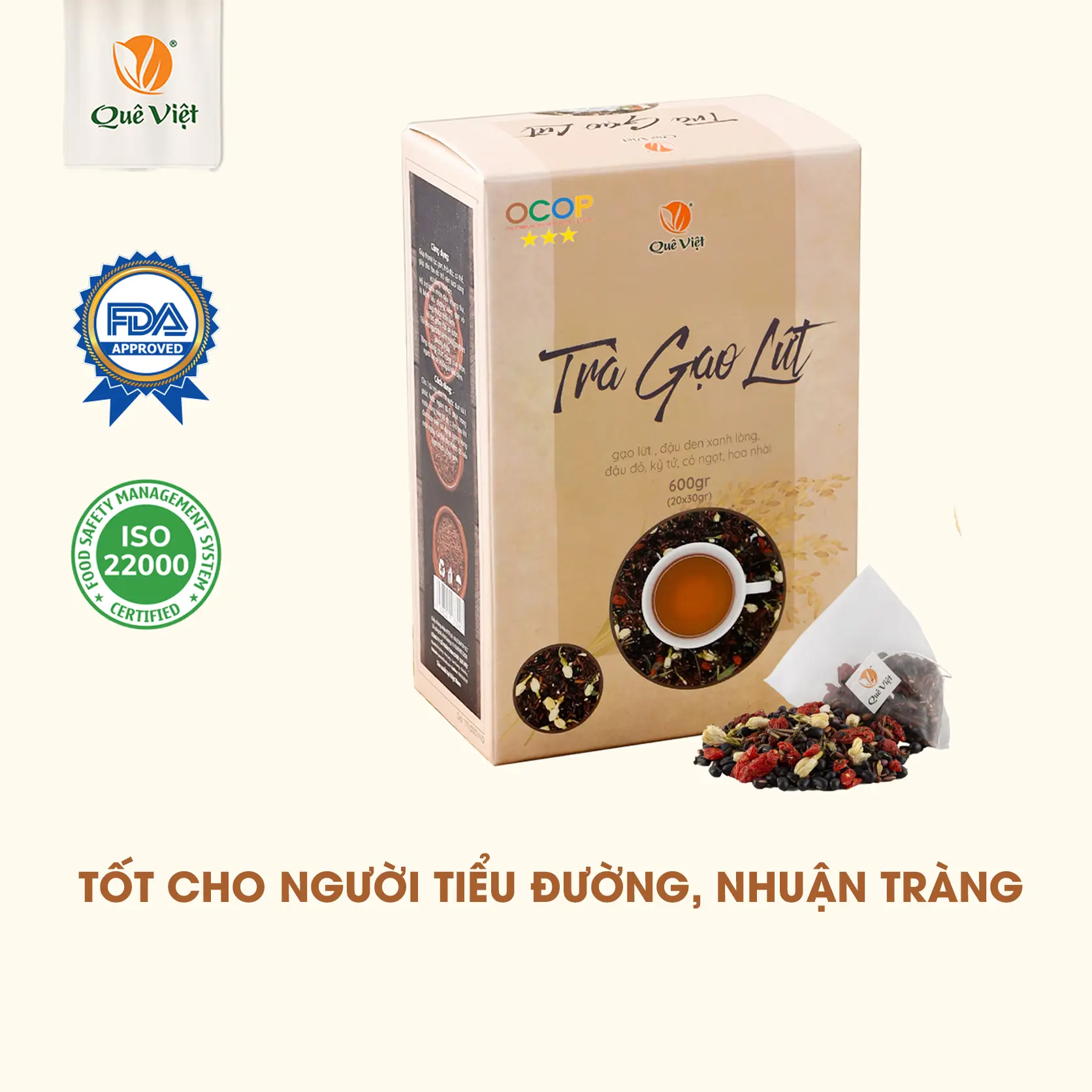 Trà gạo lứt Quê Việt hộp 600g ( 20 túi x30g) Nước Trà Tea Chè