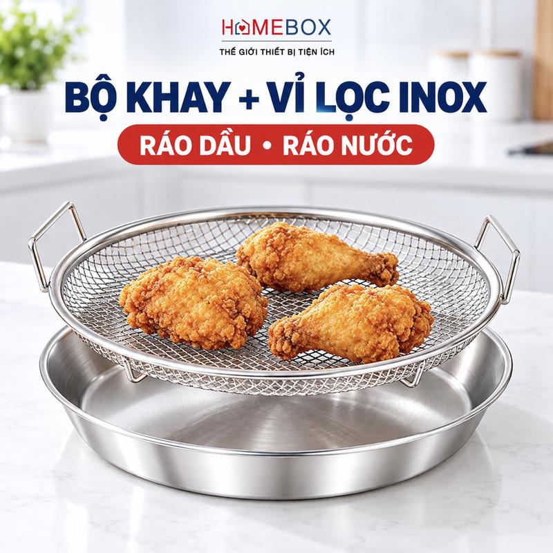 Set Khay Đĩa Kèm Vỉ Lọc Dầu Inox Homebox Vỉ Nướng Nồi Chiên Không Dầu Bền Đẹp Hỗ Trợ Giảm Béo