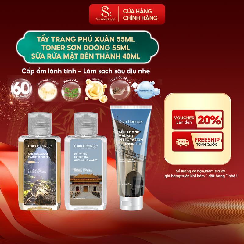   DEAL TẾT  Bộ Sản Phẩm Làm Sạch Cấp Ẩm Dịu Nhẹ Toner Sơn Đòong 55ml & Nước Tẩy Trang Phú Xuân 55ml & Sữa Rửa Mặt Bến Thành 40ml S:KIN HERITAGE Phù Hợp Cho Mọi Loại Da Đặc Biệt Da Dầu Mụn 