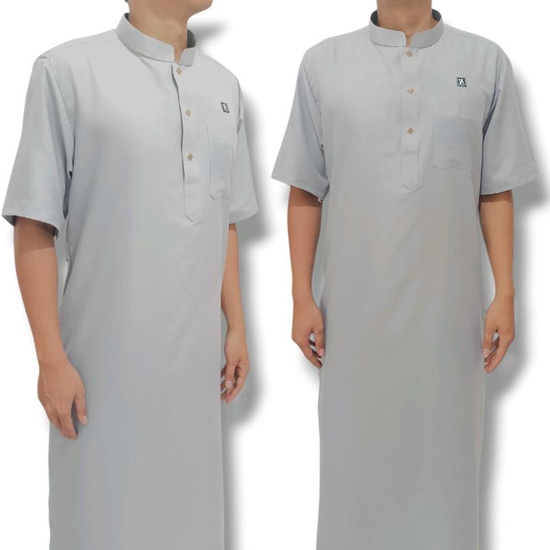 Jubah Afsheen Kancing Lengan Pendek  Muslim Dewasa Pria Hitam Abu 4